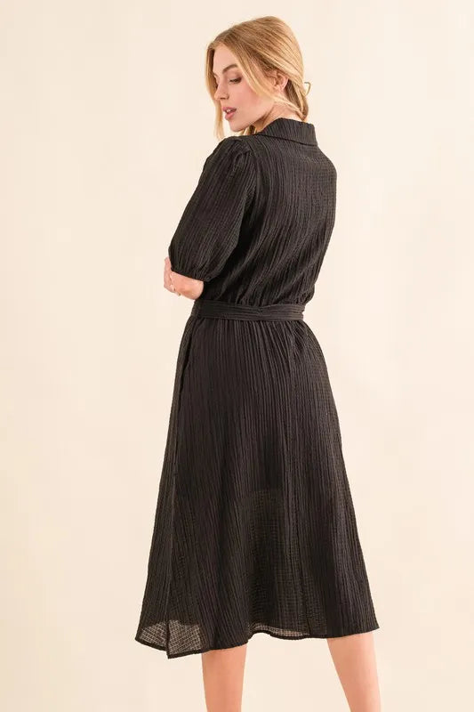 Waffle Textured Ribbon Waist Midi Dress in Black - product view 3