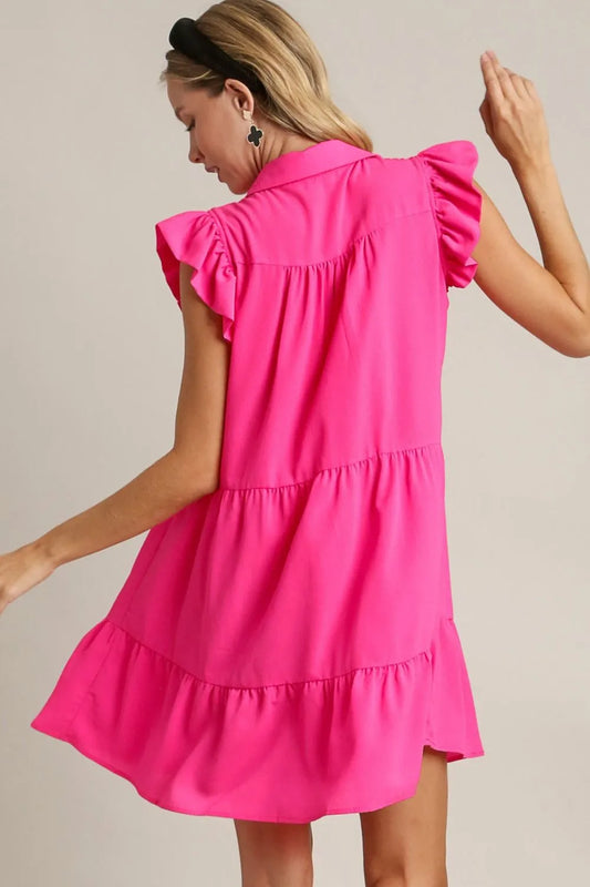 Full Size Johnny Collar Ruffle Cap Sleeve Tiered Dress Plus Size - Hot Pink - Umgee USA - Style 41744 - product view 2