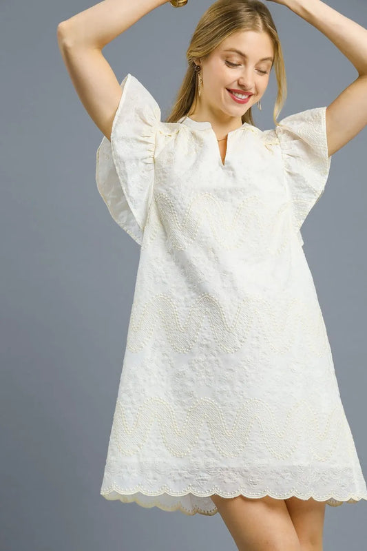 Scalloped Hem Embroidered Mini Dress in White - product view 1