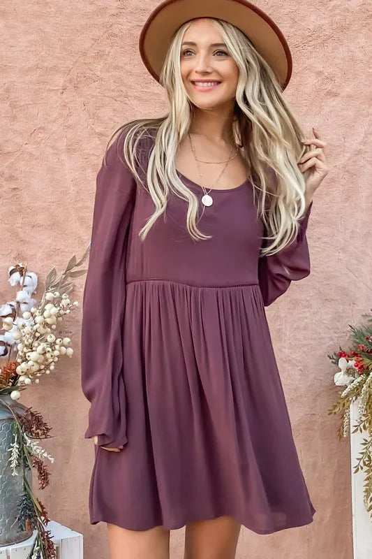 Back Lace Button Down Detail Bell Sleeve Dress in Purple - product view 6