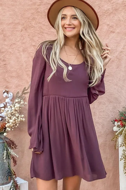 Back Lace Button Down Detail Bell Sleeve Dress in Purple - product view 6