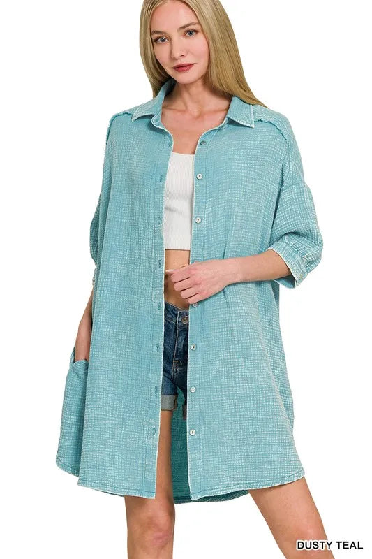 Washed Double Gauze Button Down Shirt Dress - Dusty Teal - product view 5