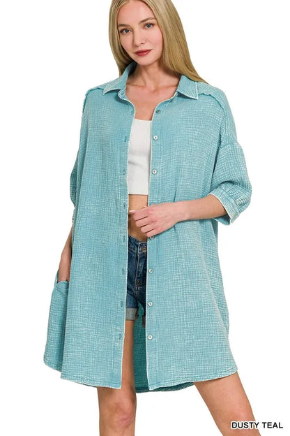 Washed Double Gauze Button Down Shirt Dress - Dusty Teal - product view 5