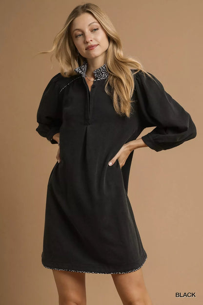 French Terry Balloon Sleeve Shift Dress with Leopard Print Detail - Black - product view 1