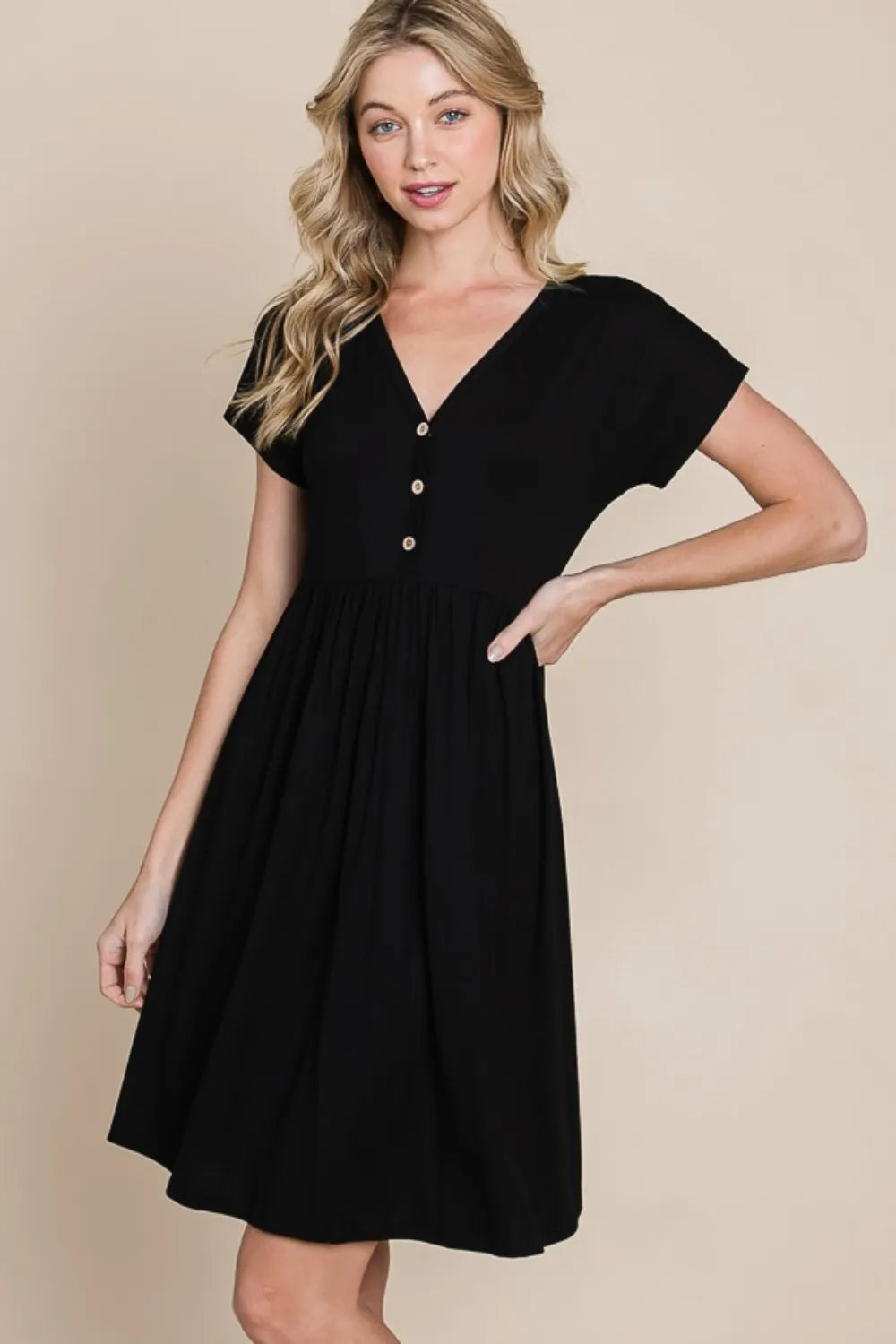 V-Neck Short Sleeve Dress - Black - BOMBOM - product view 1
