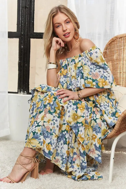 Layered Floral Off-Shoulder Short Sleeve Maxi Dress - Navy - product view 1