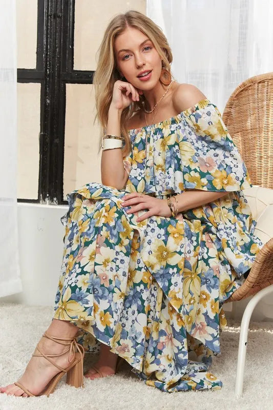 Layered Floral Off-Shoulder Short Sleeve Maxi Dress - Navy - product view 1