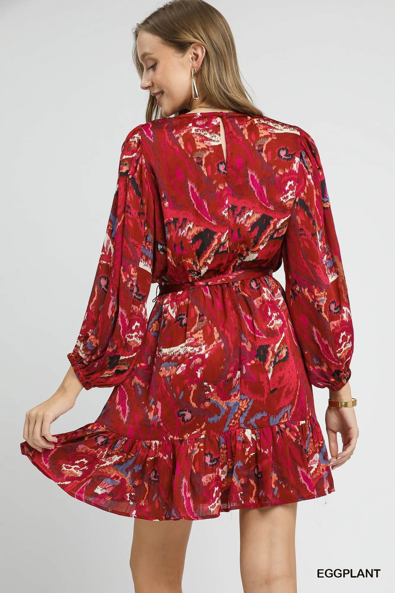 Ruffled Hem Printed Balloon Sleeve Dress in Eggplant - product view 5