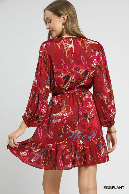 Ruffled Hem Printed Balloon Sleeve Dress in Eggplant - product view 5