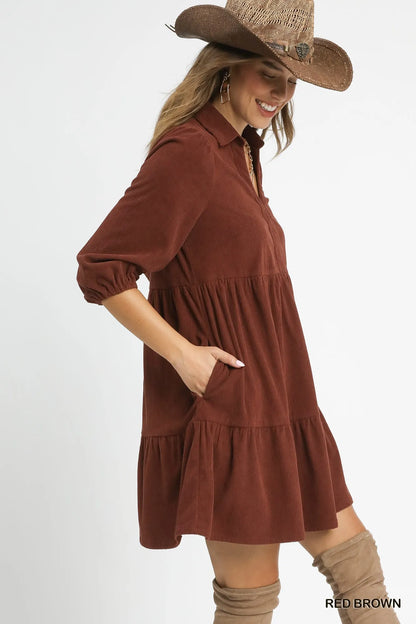 Tiered Corduroy Mini Dress with Balloon Sleeves - Red Brown - product view 3