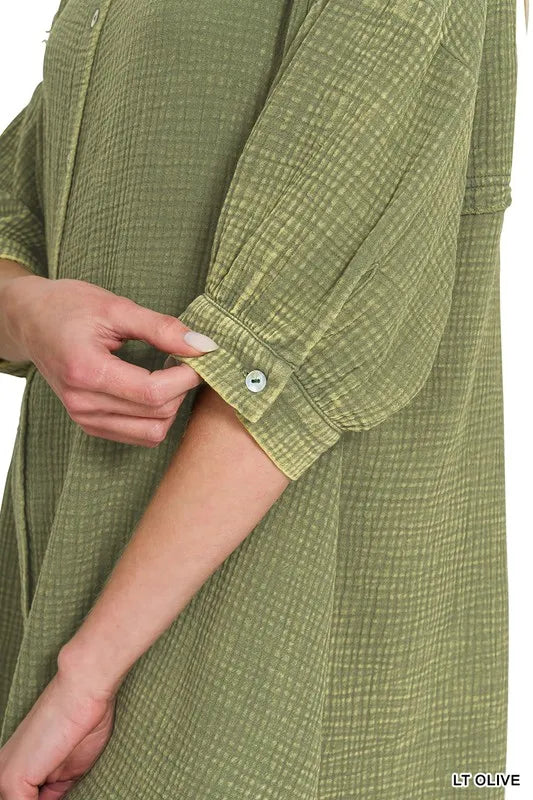 Washed Double Gauze Button Down Shirt Dress - Lt Olive - product view 8