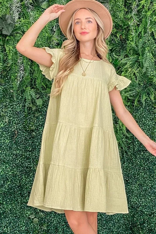 Cotton Gauze Baby Doll Casual Dress in Sage - product view 1