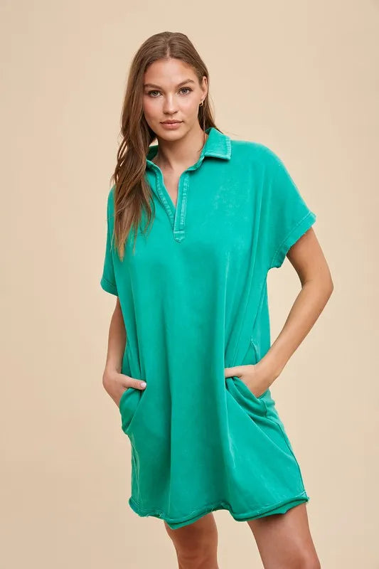 Mineral Washed Johnny Collar Short Sleeve Dress - Turquoise - product view 4
