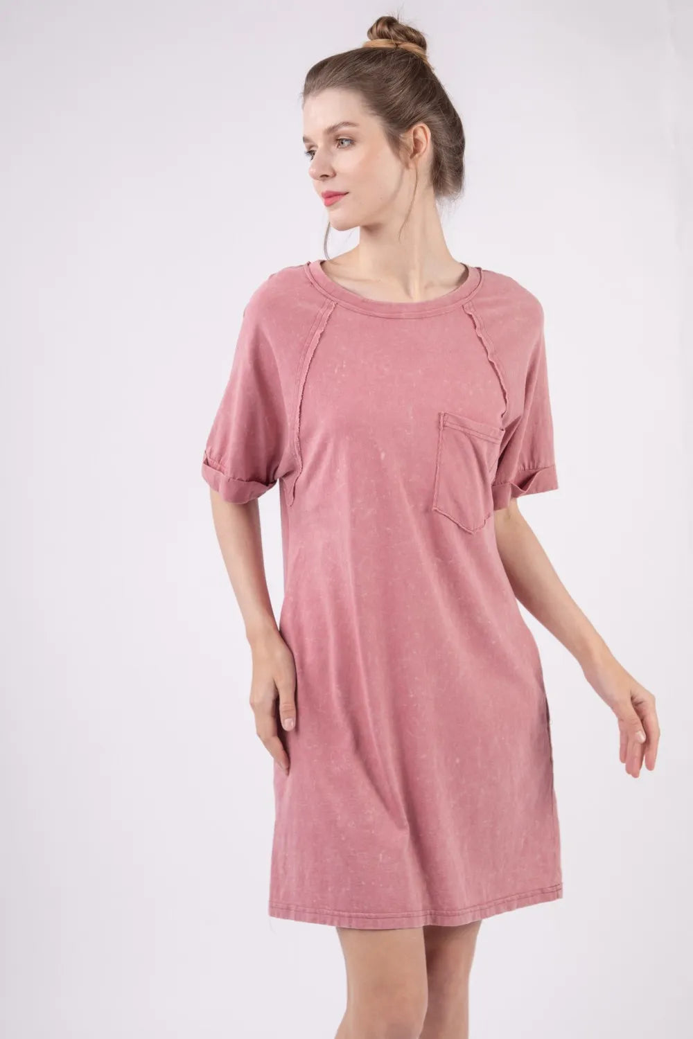 Washed Round Neck Mini Tee Dress - Mauve - product view 3
