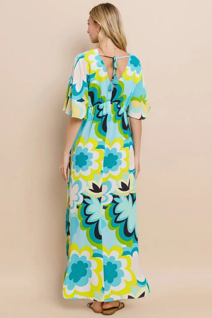 Floral Printed Slit Maxi Dress in Blue Yellow - product view 2