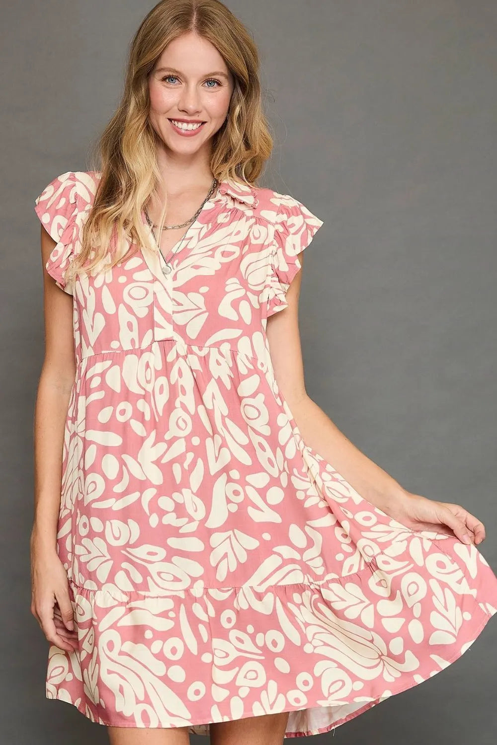 Full Size Two Tone Printed Ruffled Cap Sleeve Mini Dress Plus Size in Blush Pink - product view 1