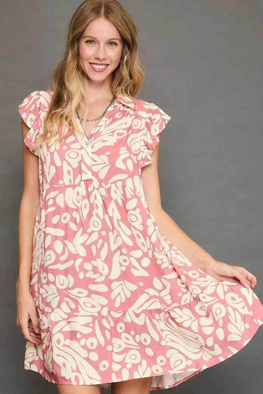 Full Size Two Tone Printed Ruffled Cap Sleeve Mini Dress Plus Size in Blush Pink - product view 1
