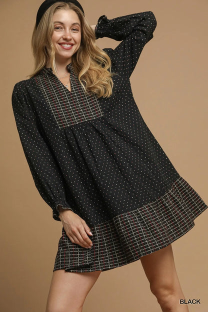 Polka Dot Plaid Trim Babydoll Dress in Black - product view 1