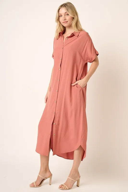 Collared Neck Dolman Short Sleeve Midi Shirt Dress in Clay - product view 3