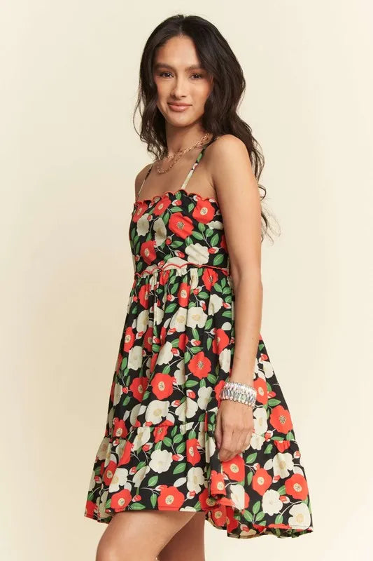 Floral Scalloped Cutout Back Mini Dress in Black - product view 6