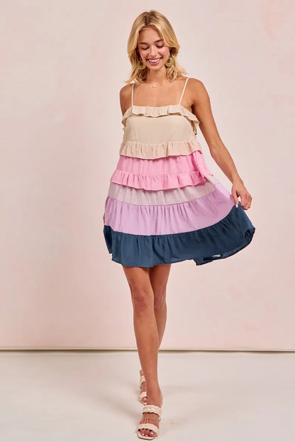 Color Blocked Tiered Dress - Cream/Pink/Lilc/Teal - product view 10