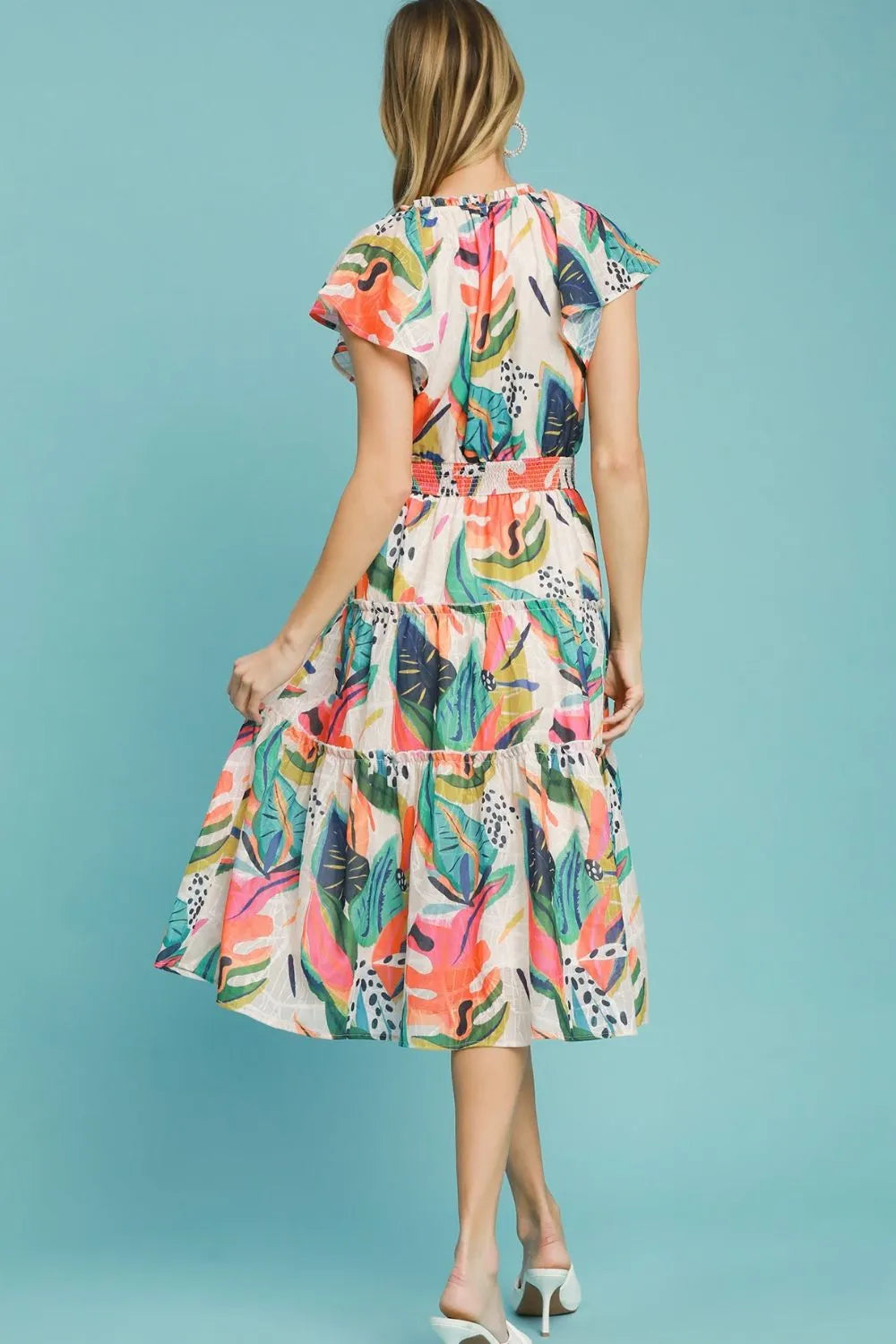 Full Size Leaf Print Cap Sleeve Tiered Midi Dress Plus Size in Orange Mix - product view 4