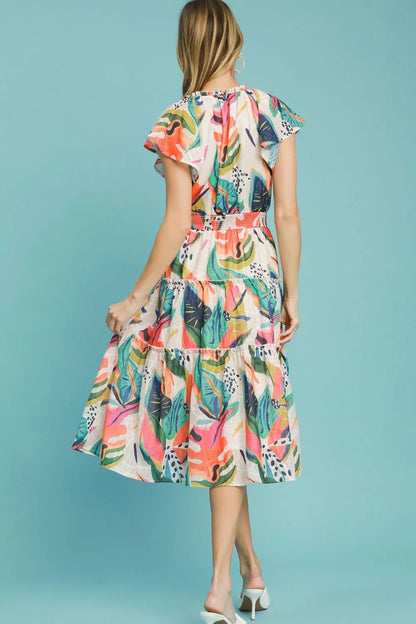 Full Size Leaf Print Cap Sleeve Tiered Midi Dress Plus Size in Orange Mix - product view 4