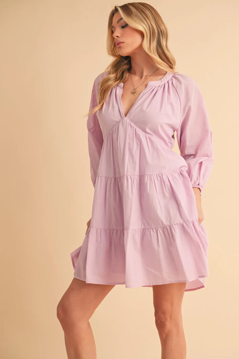 Notched Balloon Sleeve Tiered Mini Dress - Lilac - product view 7