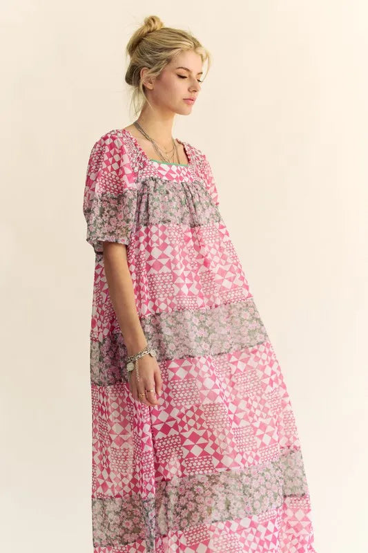 Multi Floral Square Neck Puff Sleeve Maxi Dress in Indian Pink - product view 9