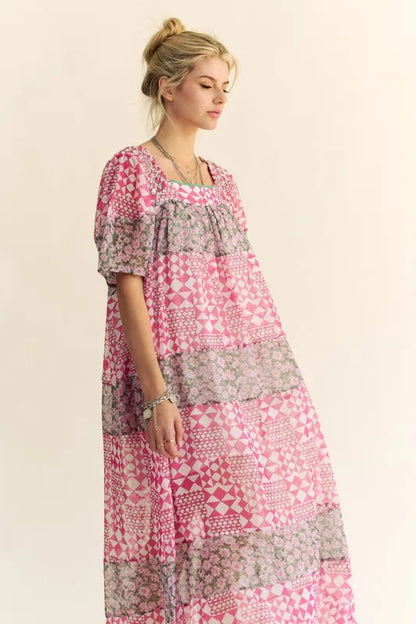 Multi Floral Square Neck Puff Sleeve Maxi Dress in Indian Pink - product view 9