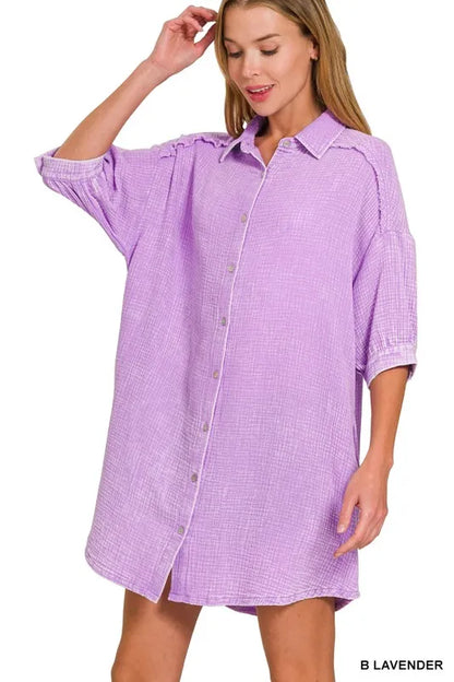 Washed Double Gauze Button Down Shirt Dress - B Lavender - product view 5