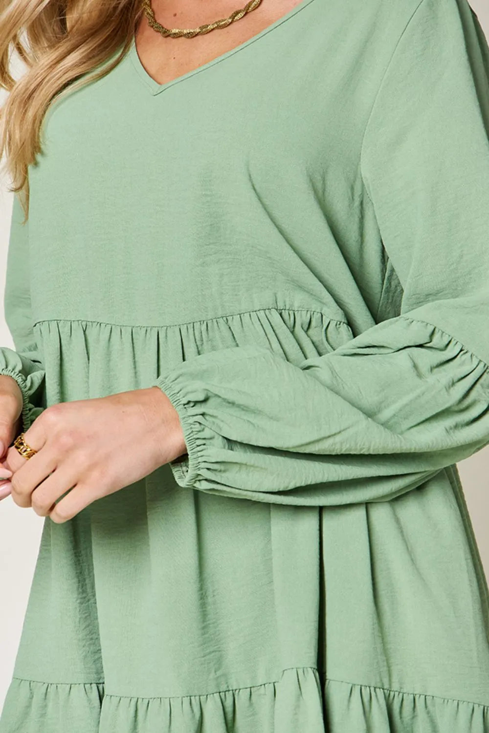 Full Size V-Neck Balloon Sleeve Tiered Dress with Pockets in Light Green, Pink and more - product view 6