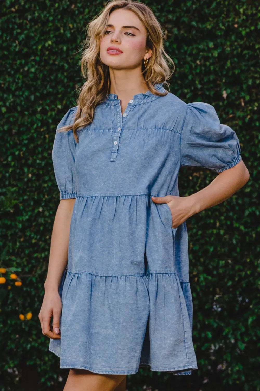 Washed Tiered Mini Denim Dress in Washed Denim - product view 1