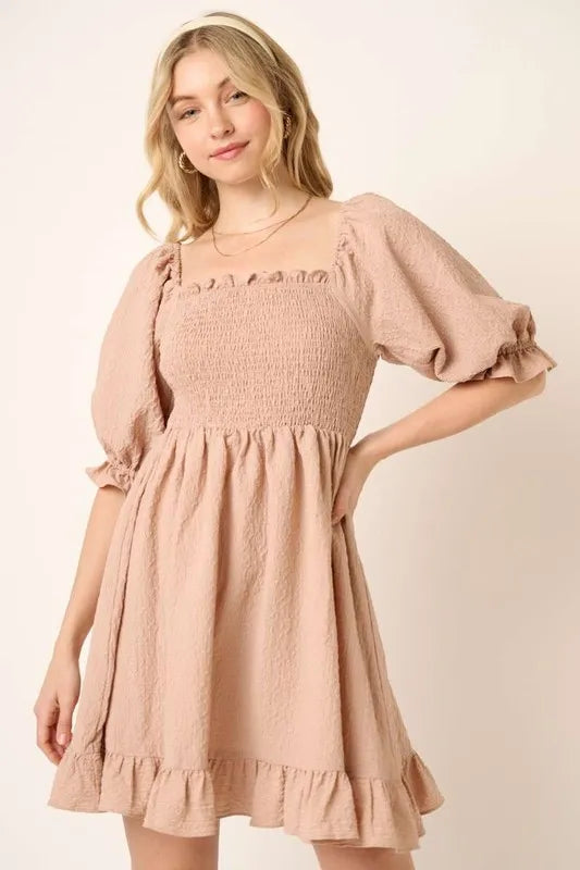 Smocked Ruffled Hem Half Sleeve Mini Dress in Taupe - product view 1