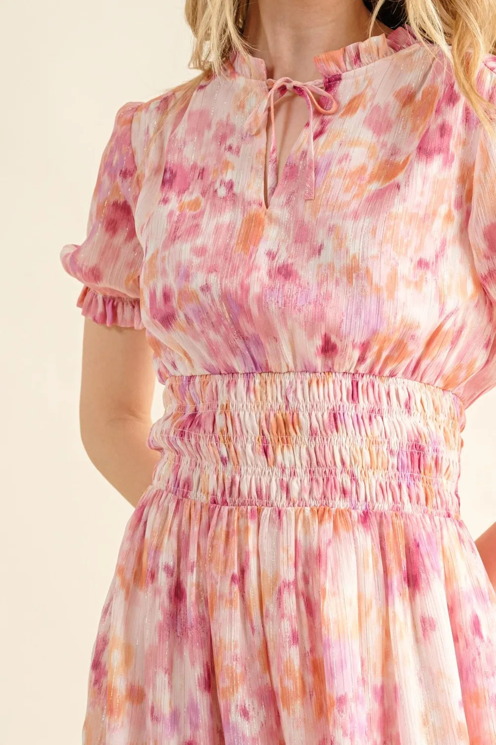 Full Size Smocked Waist Printed Midi Dress in Pink Multi - product view 5