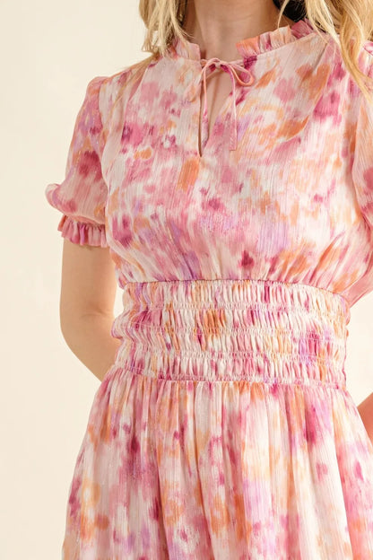 Full Size Smocked Waist Printed Midi Dress in Pink Multi - product view 5