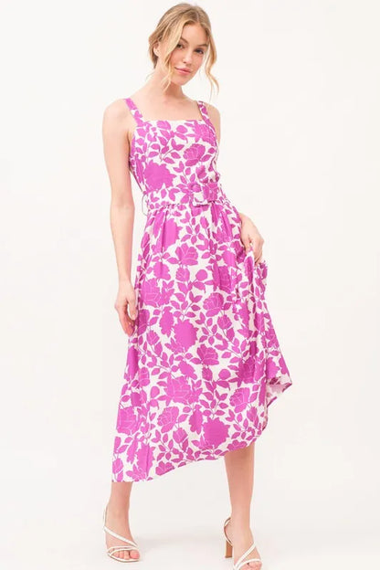 Square Neck Belted Floral Printed Midi Dress in Magenta - product view 1