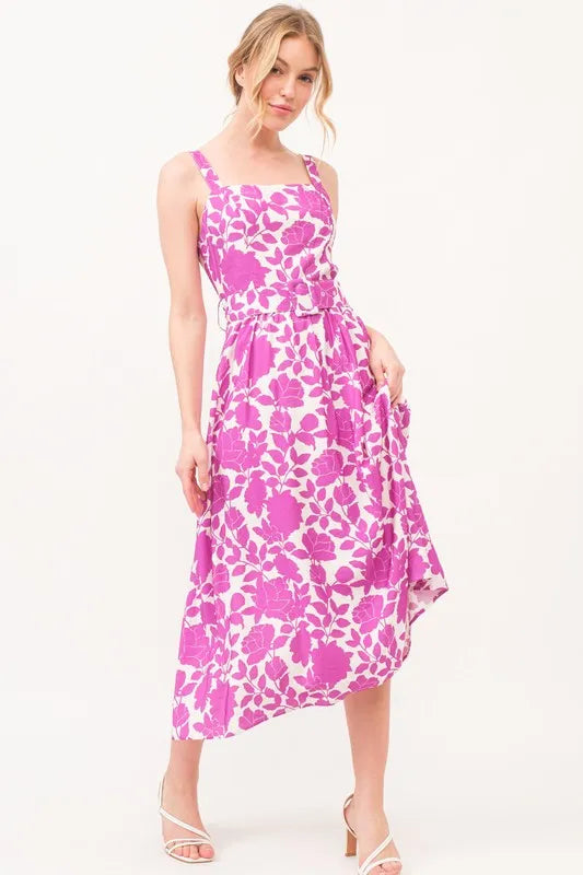 Square Neck Belted Floral Printed Midi Dress in Magenta - product view 1