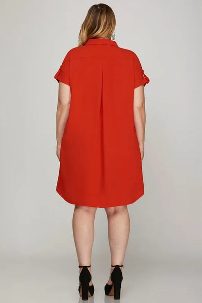 Full Size Button Down Short Sleeve Woven Shirt Dress Plus Size - Deep Red - product view 3
