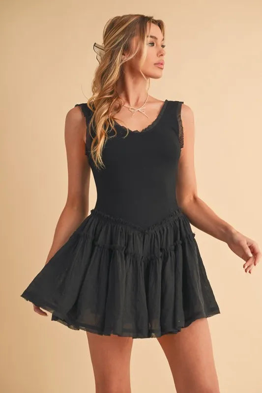 Frill Sleeveless Drop Waist Mini Dress - Black - product view 4