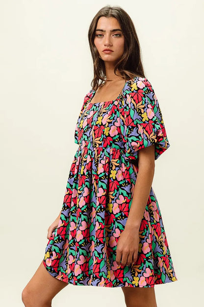 Floral Print Puff Square Neck Dress in Black Multi - product view 18
