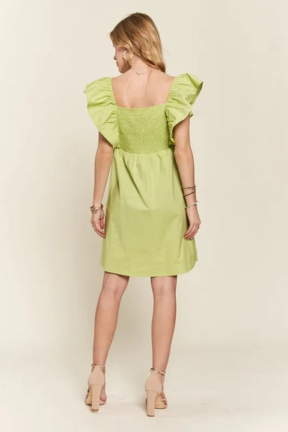 Smocked Back Ruffled Cap Sleeve Babydoll Dress in Lime - product view 7