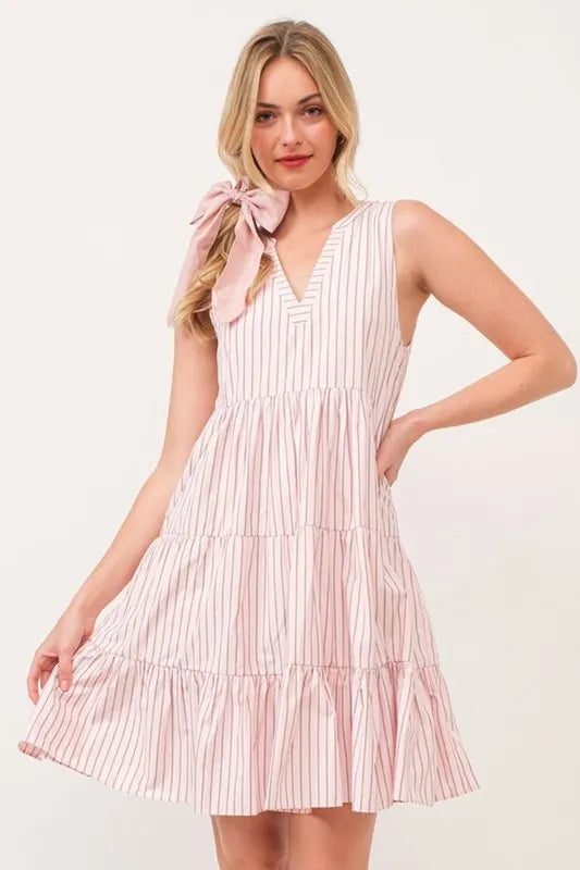 Striped Sleeveless V-Neck Tiered Dress in Pink - product view 8