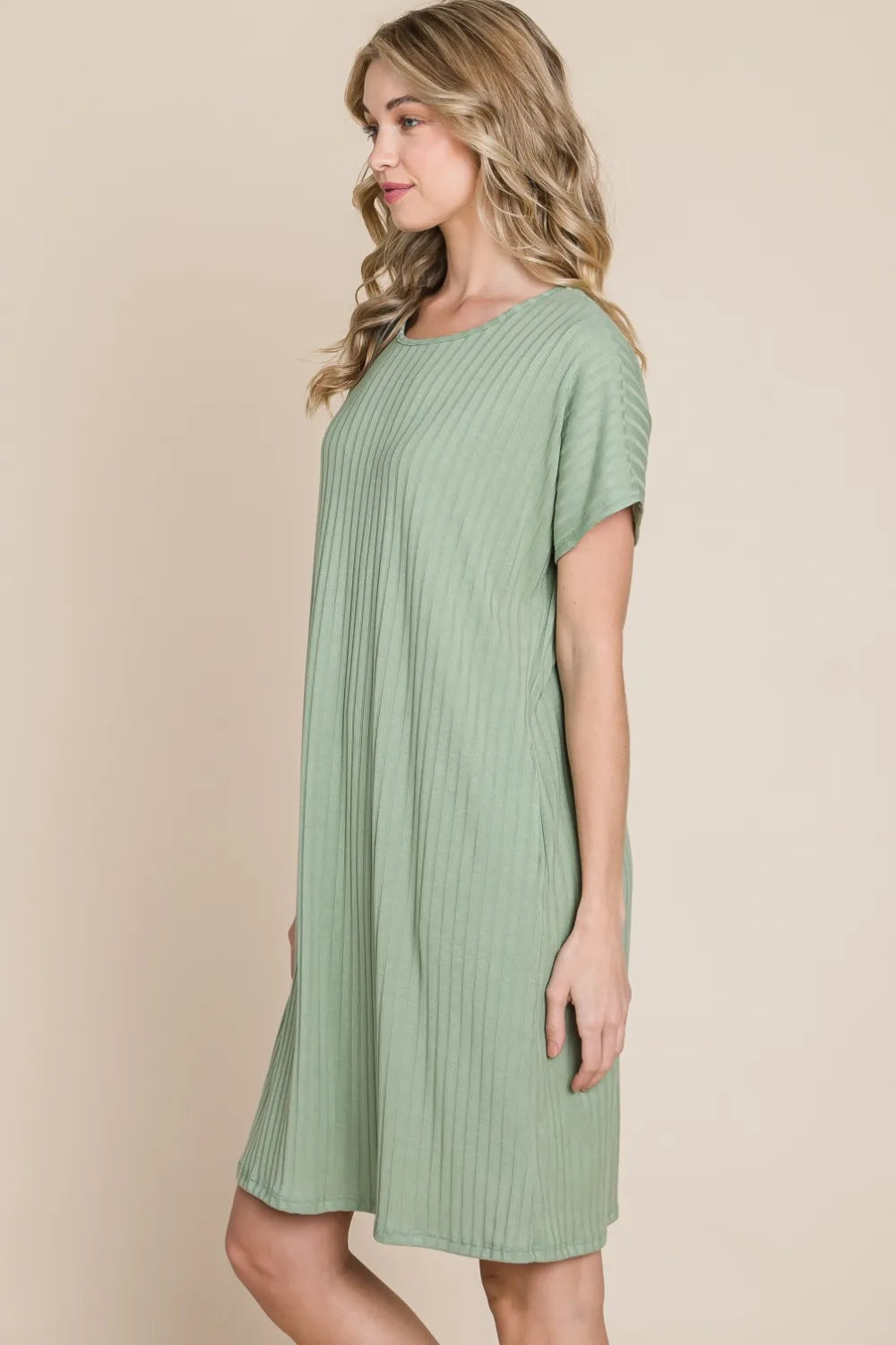 Ribbed Round Neck Short Sleeve Dress in Sage - product view 4