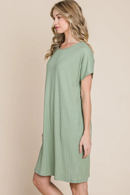 Ribbed Round Neck Short Sleeve Dress in Sage - product view 4