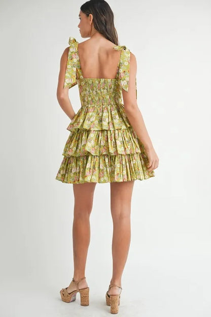 Floral Print Shoulder Tie Layered Mini Dress - Kiwi - product view 11