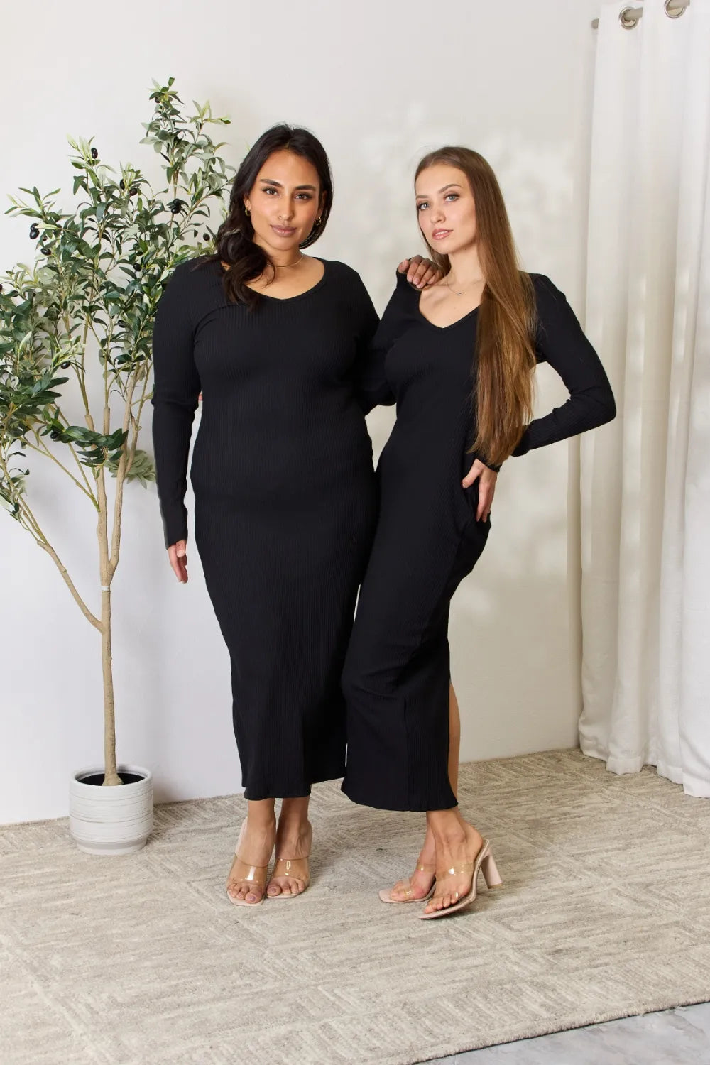 Full Size Ribbed Long Sleeve Midi Slit Dress in Black - product view 11