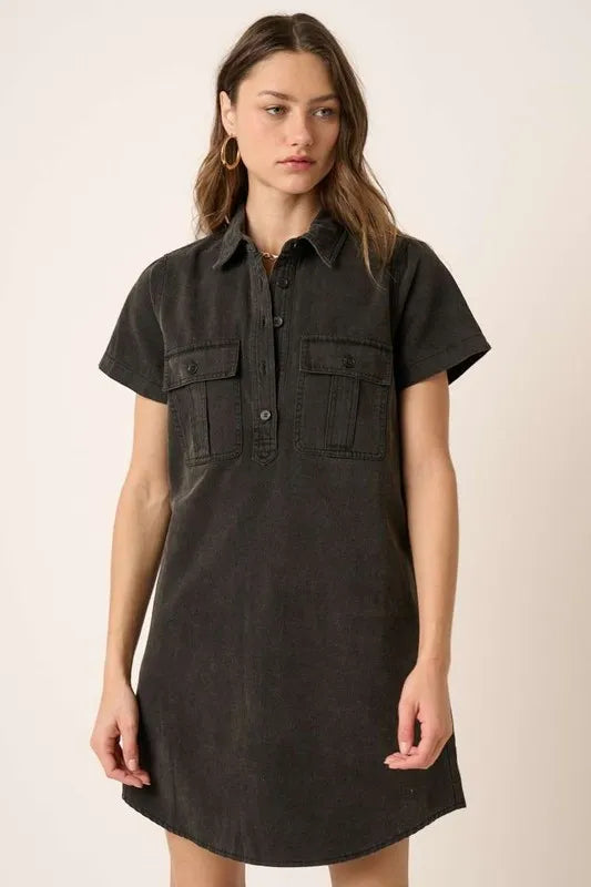 Button Detail Collared Neck Short Sleeve Shirt Dress - Black - product view 3