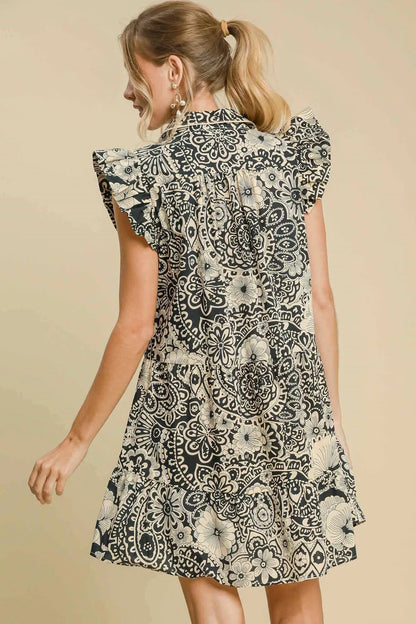 Full Size Printed Ruffle Cap Sleeve Babydoll Dress Plus Size - Black - product view 2