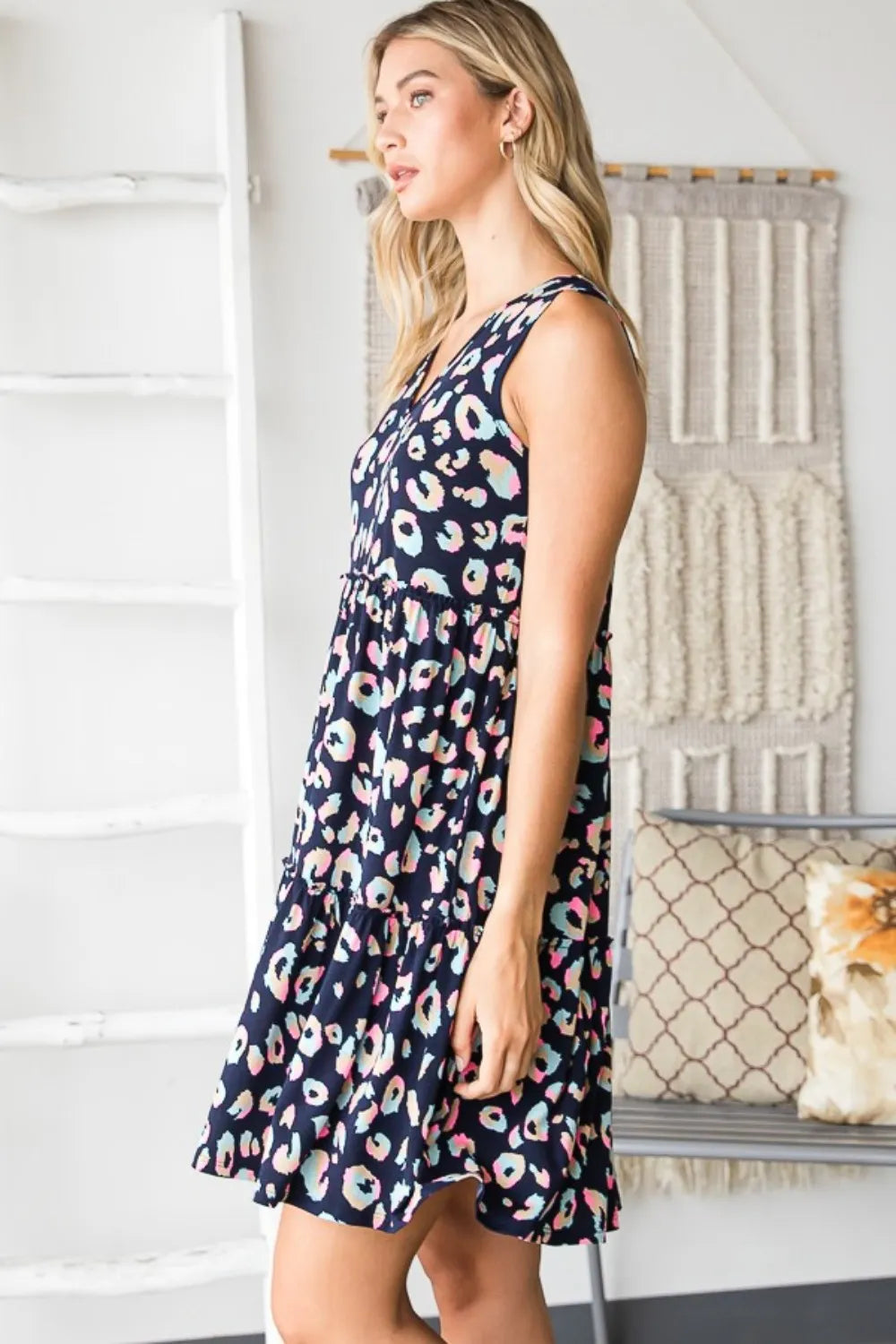 Full Size Leopard V-Neck Ruffled Tank Dress in Navy/Multi - product view 3